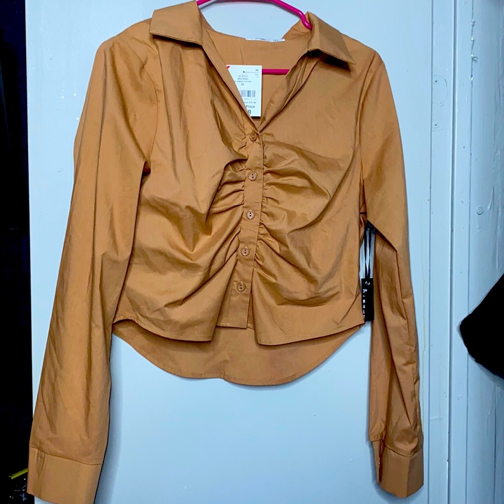 Brownish button down crop top long sleeve
